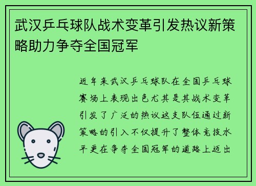 武汉乒乓球队战术变革引发热议新策略助力争夺全国冠军